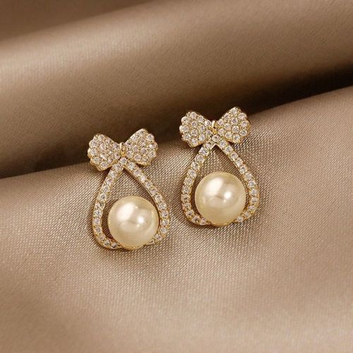 Rhinestone Bow Earrings,Pearl Bow Studs, Cute Tiny Ribbon Studs | D3006