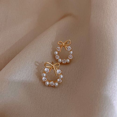 CZ Pearl Stud Earrings, Tiny Bow Studs, French Earrings, Daughter Gifts | D3056