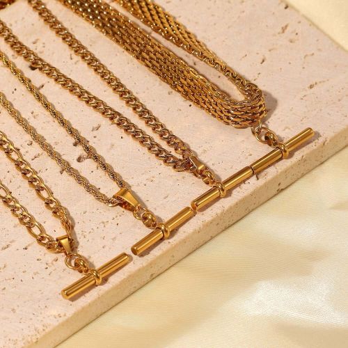 18K Gold Plated Figaro & Rope Chain T Bar Pendant Necklace | JDN735