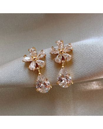 Flower CZ Dangle Earrings, Crystal Bling Earrings, Clear Quartz Earrings | C9F15